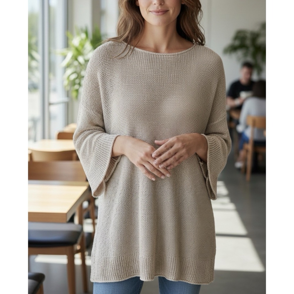 Eskandar OS Linen Silk Mix Bateau Neck Sweater Beige Open Knit Luxury Coastal